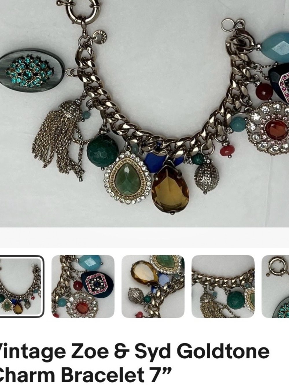 Goldtone Multi-Color Charm Bracelet - Green, Amber, Blue Accents